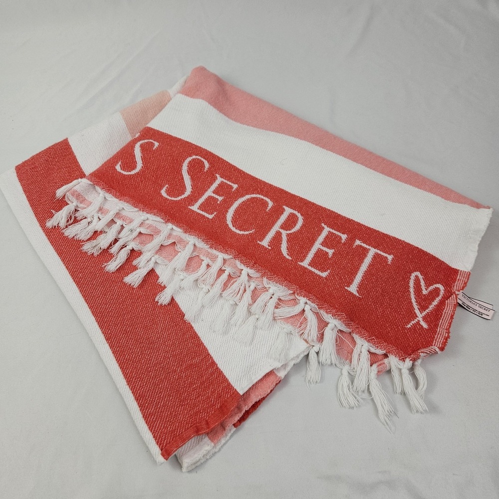 Vintage Victoria's Secret Beach Towel Blanket Fringed 60" x 50" Pink & White